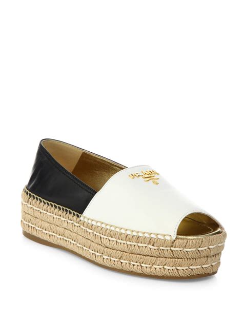 prada two tone leather peep toe platform espadrilles|prada espadrilles.